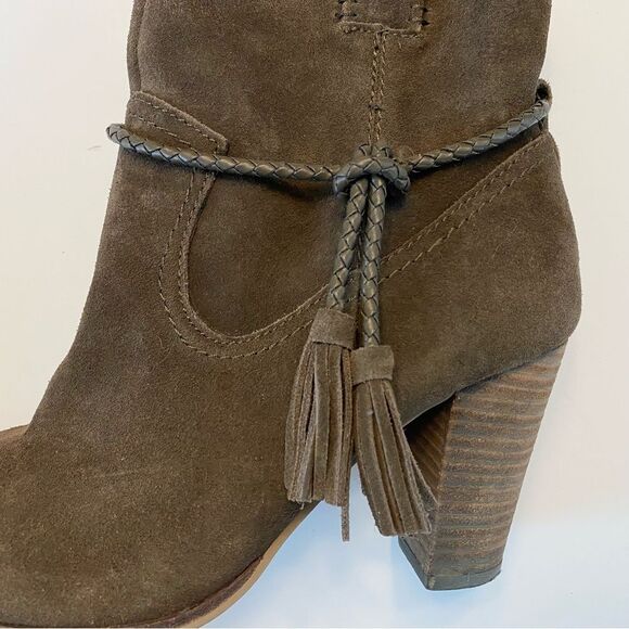 Dolce Vita Melah Western Ankle Boots Booties Tassel Fringe 7.5 Olive Brown Suede - Picture 3 of 12